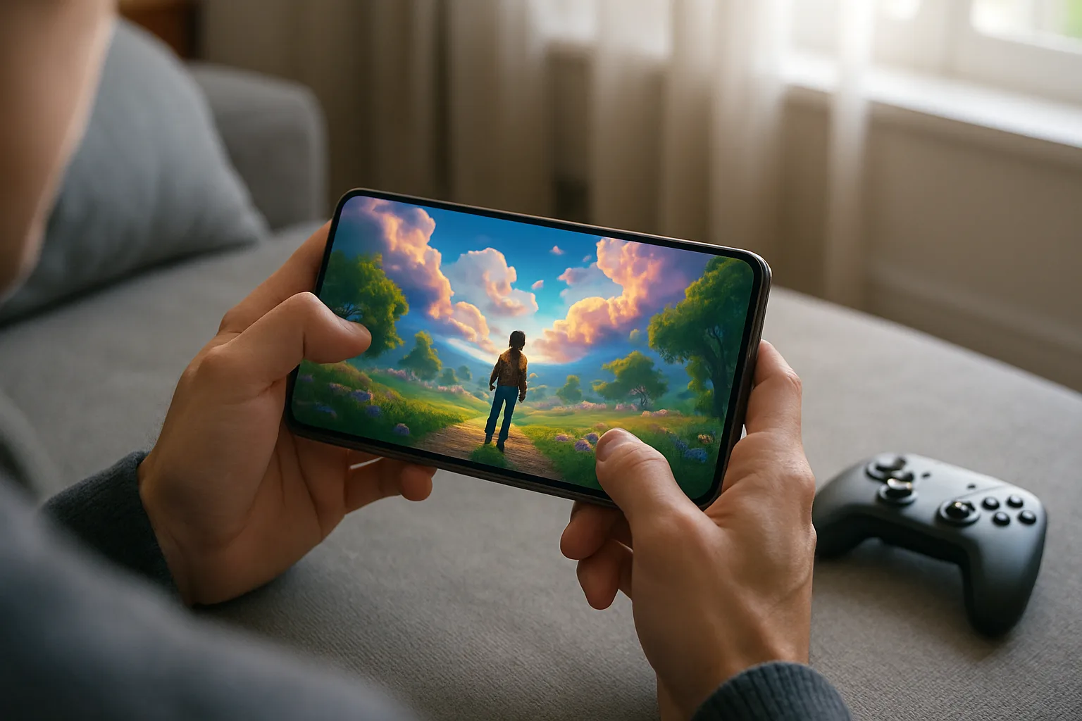 Un smartphone affichant un jeu en streaming, tenu à deux mains près d’une manette sans fil.