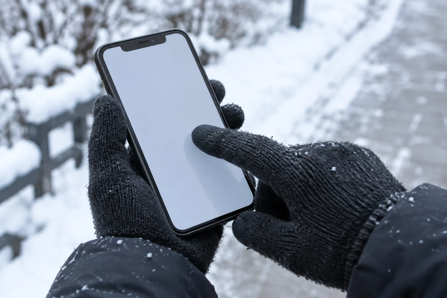 Un doigt ganté touche l’écran d’un téléphone en extérieur par temps froid.