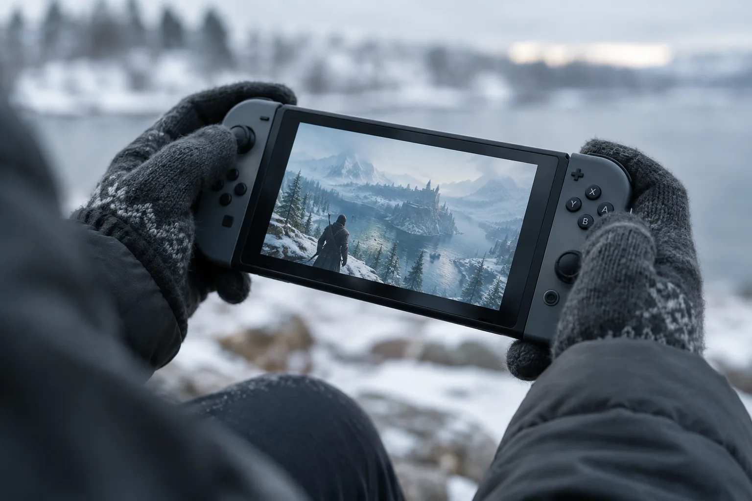 Des mains gantées tiennent une console portable dans un décor hivernal.