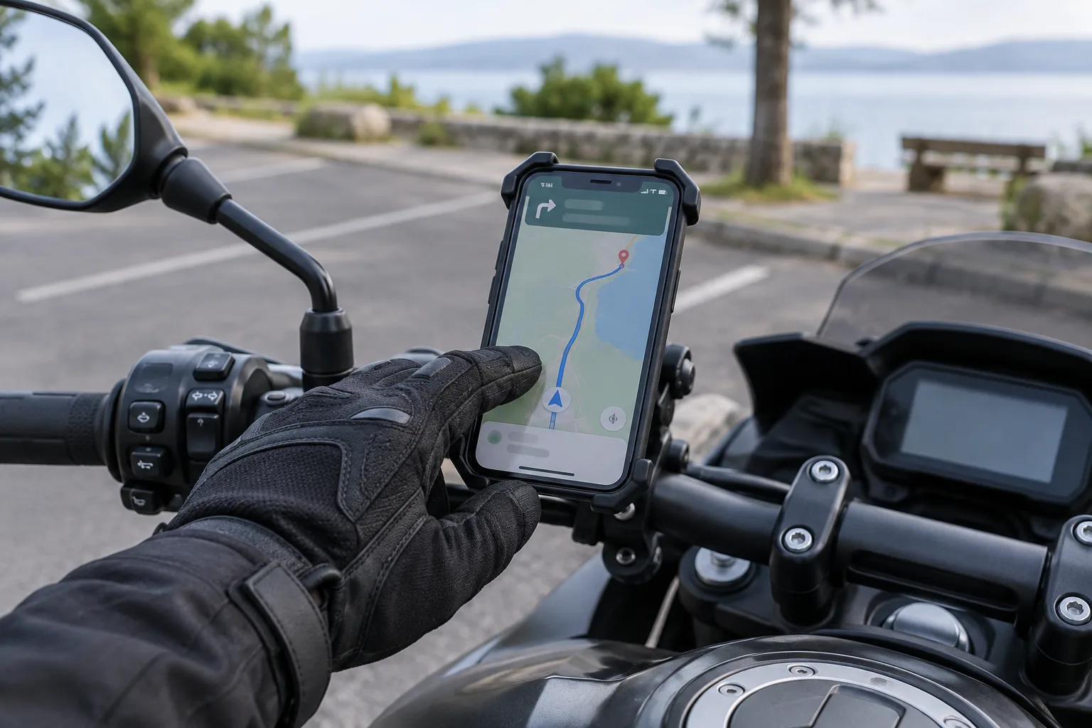 Une main gantée touche l’écran d’un smartphone sur une moto stationnée.