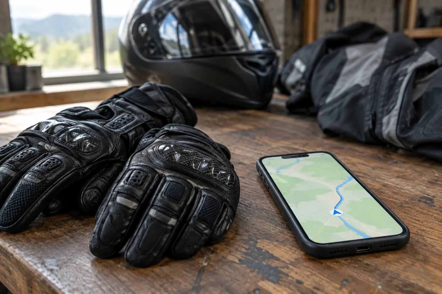 Gants de moto posés près d’un smartphone et d’un casque.