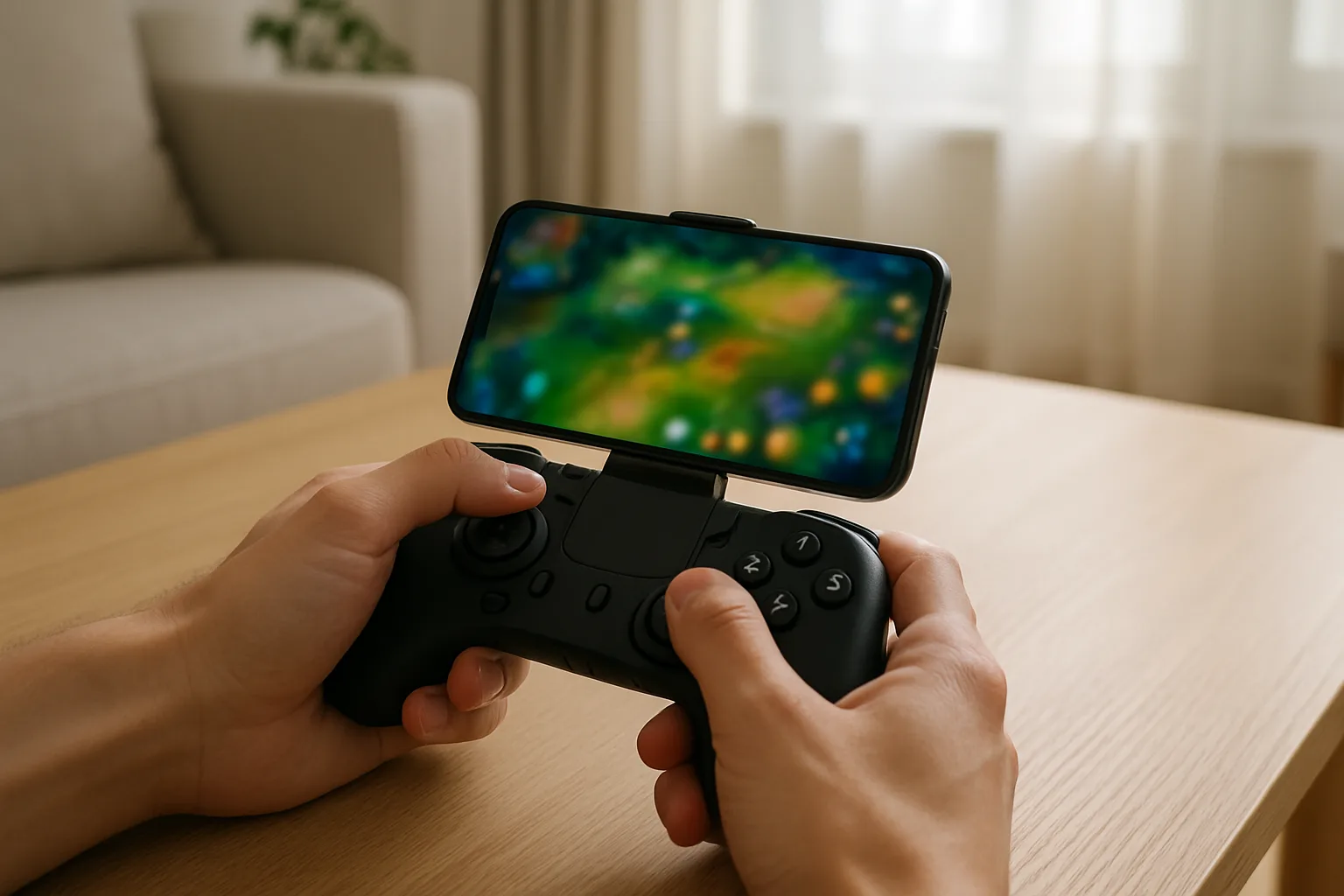 Un smartphone fixé à une manette compacte, utilisé pour jouer à un jeu mobile.