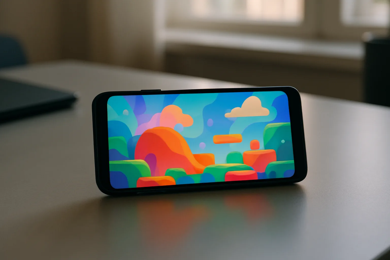 Smartphone posé à l’horizontale affichant une scène de jeu mobile aux couleurs vives.